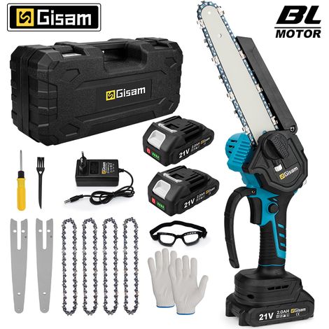 Gisam – Tronçonneuse à batterie 8 pouces avec 2 batteries 2.0Ah – Moteur Brushless – Lubrification automatique – Pour coupes précises dans espaces étroits