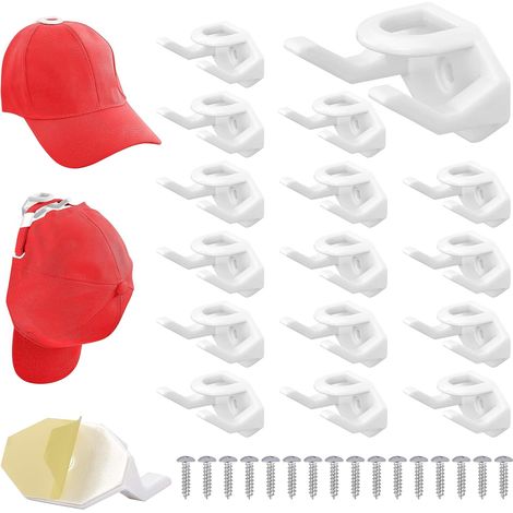 Weiße Packung mit 16 selbstklebenden Huthaken – selbstklebender Wand-Huthalter für Baseballkappen – Wandhalterung ohne Bohren für Schlafzimmer-Kappenaufhänger (1/5)