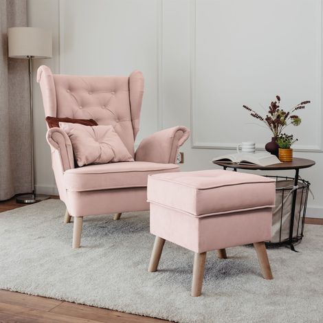 Sessel Ohrensessel ALISON inkl. Hocker in Stoff Trinity Puderrosa