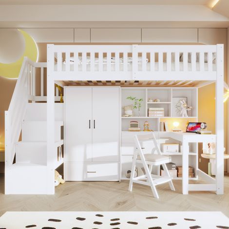 Letto a soppalco per bambini 90x200 cm con scrivania, armadio, contenitore, cassetti, scaletta con ripiani, pino bianco (1/5)