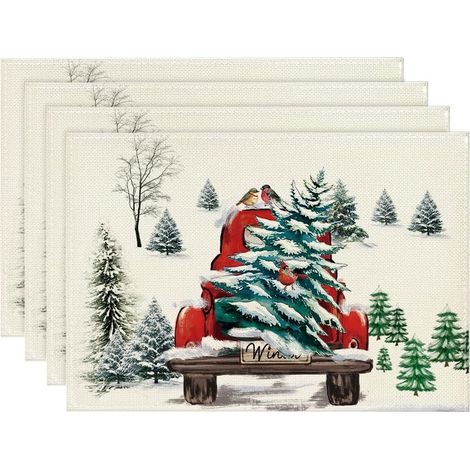 4er-Set weihnachtliche Platzsets, 30 x 45 cm, LKW- und Baummotiv, abwaschbar, Winterdekoration für Bankette, Feiertage und Küchen