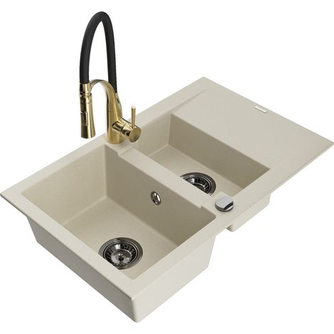 Mexen Gaspar évier en granit 1,5 bac avec égouttoir et robinet Aster, beige - 6507-69-73450-57-B (1/5)