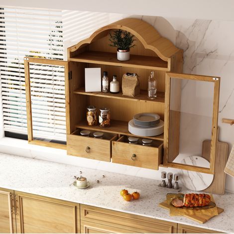 Wandschrank 60/22/76,5 cm in Natur aus Massivholz mit Glas und Schubladen (1/5)