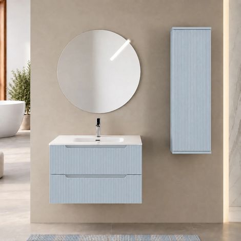 Mobile bagno sospeso 80cm azzurro cannettato due cassetti con lavabo e specchio Wise (1/5)
