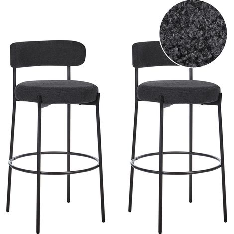 Conjunto de 2 sillas de bar bouclé patas de acero negro con tapas sin reposabrazos comedor negro Allison