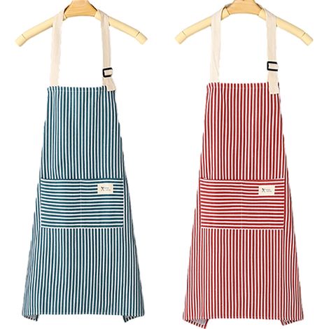 Lot de 2 tabliers de cuisine, tablier de chef souple à bavette ajustable avec 2 poches pour hommes et femmes (rayures) (1/5)