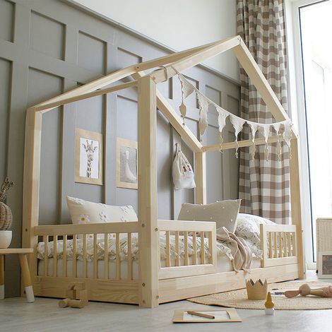 Cama 90x190 con barandillas y somier patas de 1 cm Iris Madera (1/3)