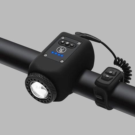 Clacson elettronico per bicicletta con luce, mini campanello elettrico per bicicletta con 6 suoni, faro E-Bell ricaricabile tramite USB-C, volume regolabile, 4 modalità di illuminazione, impermeabile.