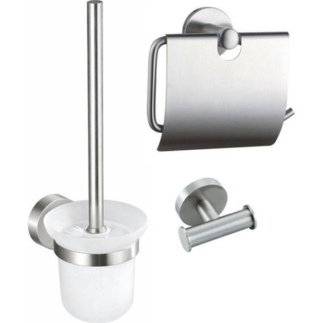 Fortifura Calvi Pack WC 3 pièces - porte-rouleau avec couvercle - brosse de toilette - crochet à serviette double rond - Inox brossé PVD