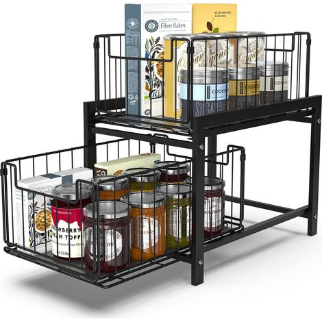 Rangement sous évier à 2 Niveaux, Rangements sous Evier 2 Niveaux Organisateur Coulissant, Organisateur de Cuisine avec Tiroirs Coulissants, Panier de Rangement Coulissant en métal. (1/4)