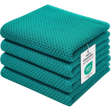 Lot de 4 torchons 100% coton, 32 x 72 cm, Serviettes de cuisine douces et absorbantes, Torchons de cuisine, Bleu vert (1/5)