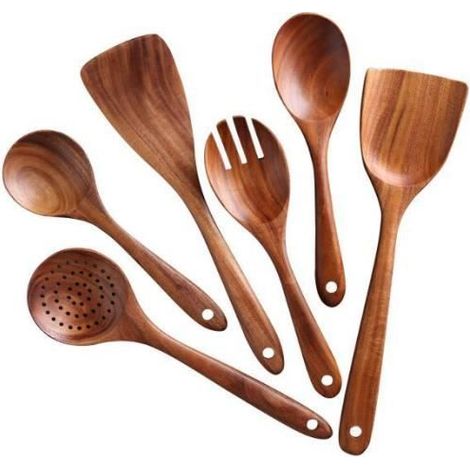 Ustensiles de cuisine, ensemble de 6 ustensiles de cuisine en bois résistant à la chaleur et sans rayures (couleur bois) (1/4)