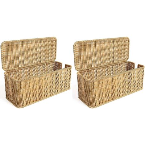 Boîte de rangement pour câbles (x2), en rotin tressé à la main, avec couvercle et 2 compartiments ouverts. (1/5)