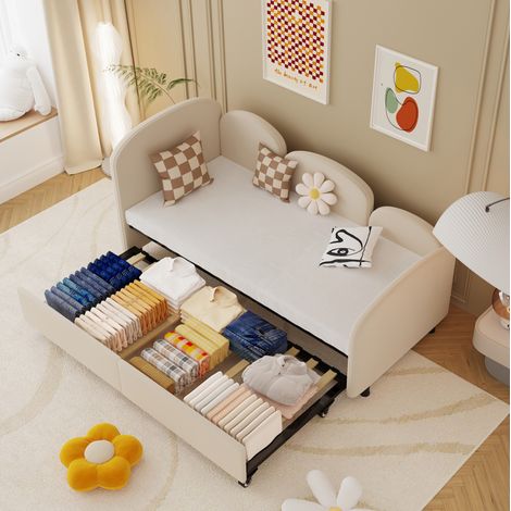 Bett Kinderbett mit Schublade 90x200 Samt Beige HAVRYA (1/5)