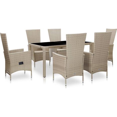 7-tlg. Garten-Essgruppe mit Auflagen Poly Rattan Beige