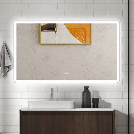 AICA Specchio da bagno rettangolare 100x60cm con LED, Bluetooth,Antiappannamento, 3 colori temperatura e luminosità regolabili, Funzione Memoria,IP44 (1/5)