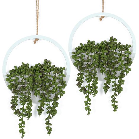 Juego de 2 suculentas artificiales colgantes (30,5 cm) en maceta de madera para decoración de pared interior o exterior. (1/5)