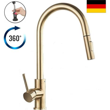 Küchenarmatur ausziehbarer Auslauf, gebürstetes Messing, gold (1/5)