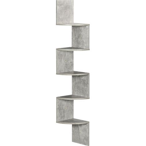 Étagère d’angle zigzag – 20x20x126 cm, 5 niveaux, bois gris – Mural gain de place (1/5)