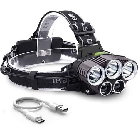 Lampe Frontale Rechargeable, Lumen Eclairage Puissante Ultra USB Rechargeable 5 LED 6 Modes d'Eclairage sans batterie Antichoc pour Marche Running Camping Escalade Randonnée Bricolage-le noir（lumière 