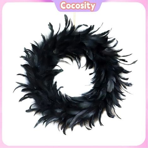 Couronne de plumes : Une couronne noire au design unique, idéale pour décorer les appliques murales lors des fêtes. (1/5)