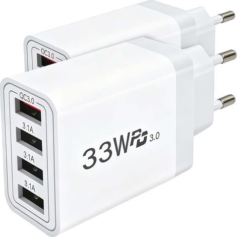 2-Pack Prise USB à 4 Ports 33W Chargeur Rapide,Adaptateur Charge avec Chargeur Rapide Smart QC 3.0 de Chargeur Multi-Ports Compatible avec 11/12/13/14/15/16/Pad/S21/S22/23/S24 (1/5)