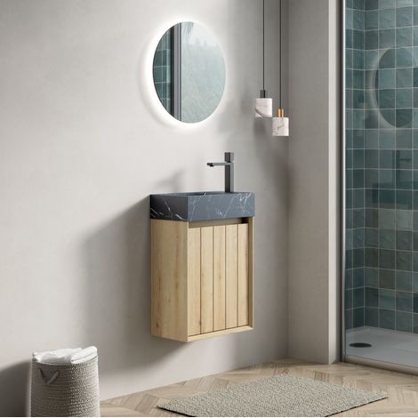 Mobile lavabo sospeso 40x22x58 cm in legno bianco, salvaspazio FloraGrace (1/5)
