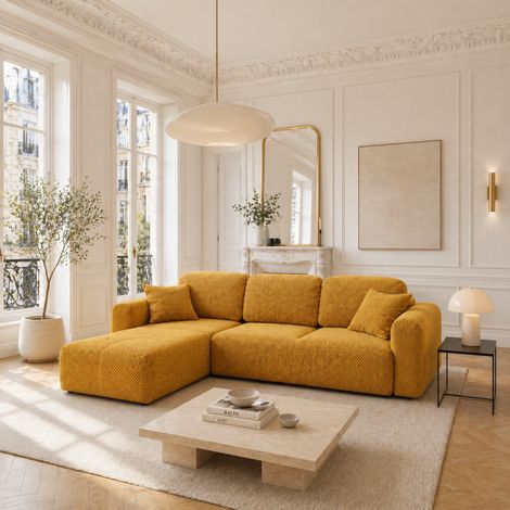BINIGIA - Canapé d’angle gauche convertible tissu POP effet 3D- 4 places – 245 cm - Jaune (1/4)