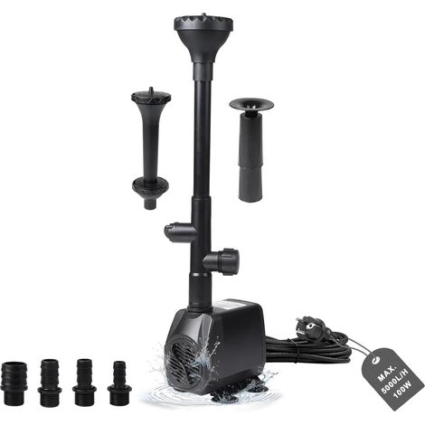 Pompe Bassin Exterieur Pompe à Fontaine 4500L/H Pompe à Eau Pomp Ruisseau 95W Aquarium Pompa Submersible Pomp Fontaine Exterieur Pomp de Filtration avec 4 Buses, 5M Câble, 3 Styles de Fontaines