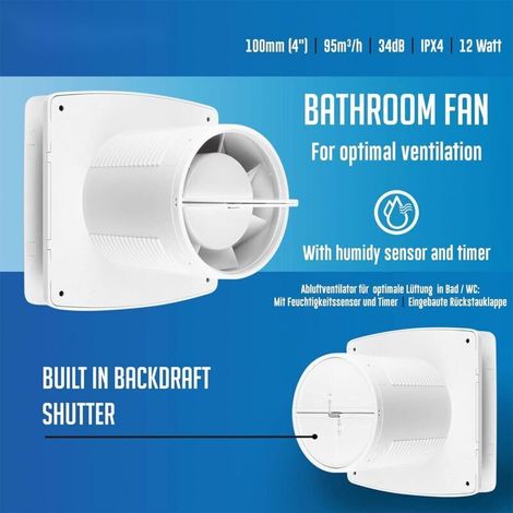 Grid Cool – Extracteur d'air silencieux 100 mm – Capteur d'humidité et minuterie – Débit 95 m³/h – IPX4 pour salle de bain, cuisine et bureau