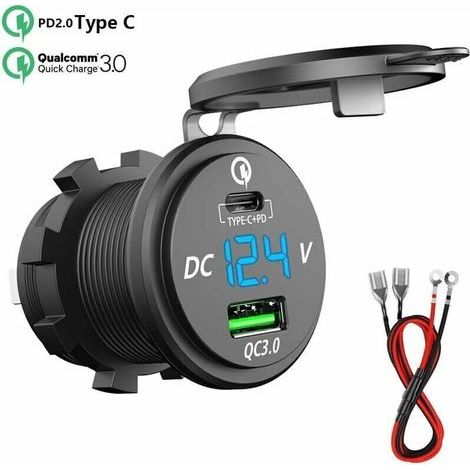 Odipie – Chargeur rapide USB C voiture 12V/24V QC 3.0 64W double prise étanche – LED voltmètre – Compatible smartphones et tablettes USB-C (1/5)
