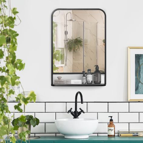 Miroir Mural Décoratif Métallique Étagère Entrée Salon Style Moderne Mobilier Intérieur Noir 50x70cm