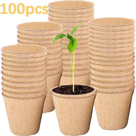 Pots de fleurs - Pots de semis biodégradables - Pots en tourbe pour semis et jeunes plants - Perforés - Ronds 10 cm - Lot de 100 - 10 x 8 cm - Couleurs naturelles (1/5)