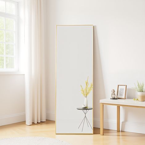 Ganzkörperspiegel 150 x 40 cm, rechteckiger Standspiegel mit Rahmen aus Aluminiumlegierung, Groß Rechteckig Standspiegel mit robustem Glas, für Schlafzimmer, Wohnzimmer und Garderobe, Gold (1/5)