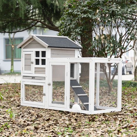 Conigliera PawHut Cottage - Conigliera superiore con rampa e recinto esterno - Vassoio scorrevole, tetto in bitume, 4 porte con serratura - Dimensioni: 128L x 64W x 92H cm, Legno di abete bianco/grigi