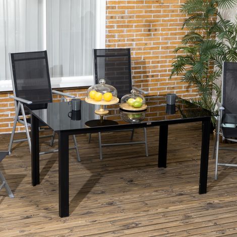 Table de jardin pour 6 personnes, résistante aux intempéries, plateau en verre trempé, table de terrasse, 150 cm x 90 cm x 74 cm, noire (1/5)