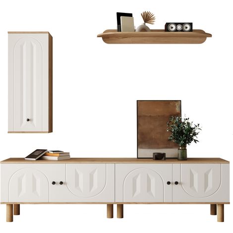 Meuble TV mural 3 pièces avec highboard, vitrine et étagère murale, portes sculptées blanc et bois clair, rangement modulable et style élégant - CHICFURN (1/5)