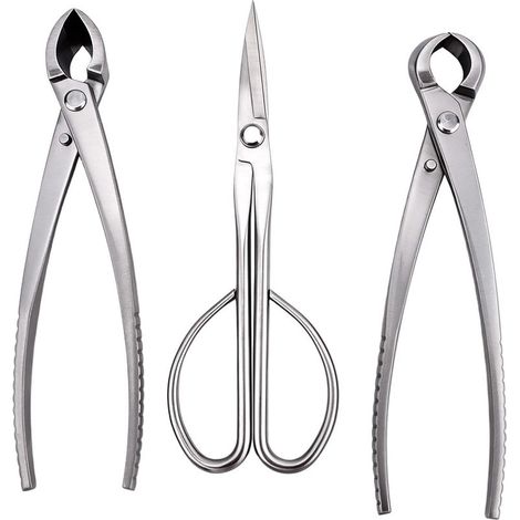 3-teiliges Bonsai-Werkzeugset aus professionellem Edelstahl, bestehend aus Knopfschneider, konkavem Schneider und Blattschere für präzises Schneiden, Formen und die optimale Pflege der Pflanze. (1/5)