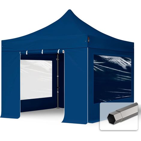 3x3 m Faltpavillon, PREMIUM Stahl 40mm, Seitenteile mit Panoramafenstern, blau