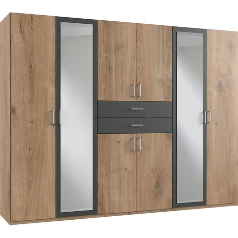 Armoire Placard, meuble de rangement avec 2 miroirs coloris Imitation chêne poutre, rechampis graphite - Longueur 270 x Hauteur 208 x Profondeur 58 cm (1/3)