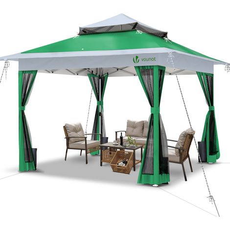 Vounot – Tonnelle de jardin 3,6x3,6m pop up pliable – Cadre en acier – Moustiquaire amovible – Hauteur réglable – Idéale pour espaces extérieurs