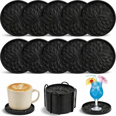 Posavasos de silicona, juego de 10 posavasos para vasos y tazas, posavasos para vasos y bebidas, posavasos extra gruesos y antideslizantes para tazas con soporte, posavasos para vasos, color negro. (1/5)