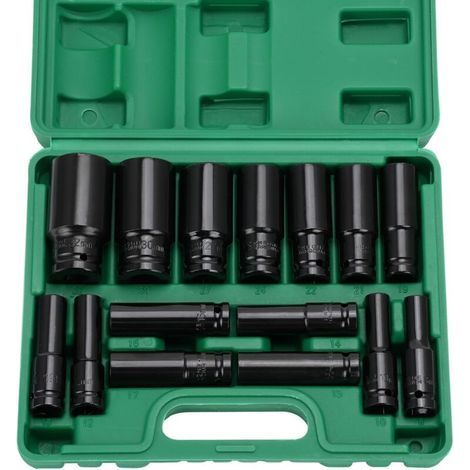 15 pcs 1/2" Douille a Choc, 8-32mm Coffret Douilles Longue Douille, Adaptateurs de Clé, Réparation de Voitures, Remplacement de Pneus, Réparation d'Appareils Électroménagers (1/5)