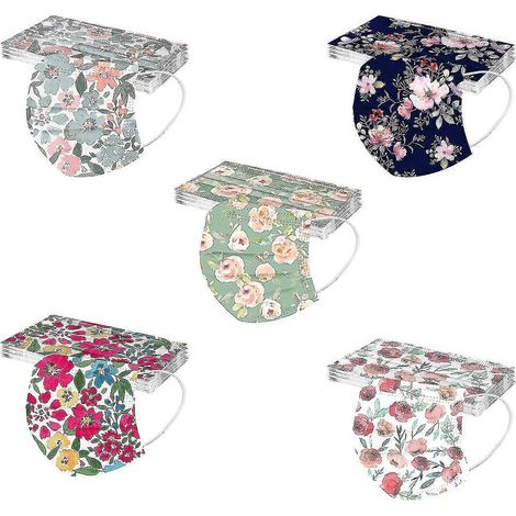 Masques jetables pour adultes, imprimé floral, lot de 50, motif Noël, 3 couches, avec attaches pour boucles d'oreilles. (1/5)