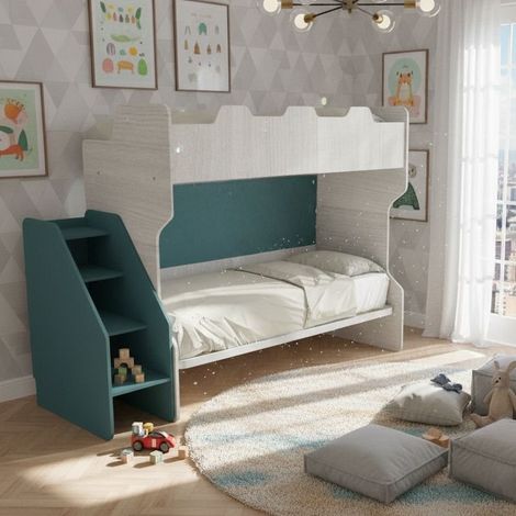 Letto a castello salvaspazio con terzo letto estraibile e scala laterale - Ideale per camerette - Rovere rock e verde petrolio