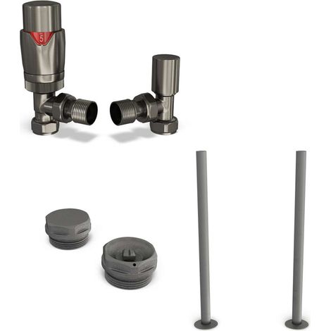 Stirling Bold - Pewter Thermostatic Radiator Valve & Installation Kit Angled 15mm (130mm version) (1/3)