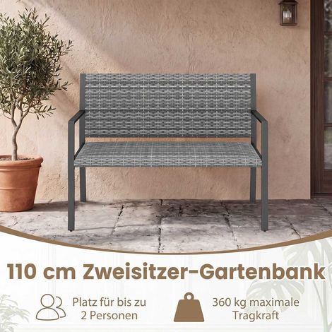 Outdoor Rattan Garden Bench, Grey - 2-Seater with Armrests (1/5)