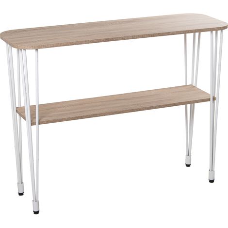 Table d'entrée en bois Cl. Chêne+72290 Pieds en métal blanc, Mon 120X40X91 Cm Etagère:106X28X1,8C (1/4)