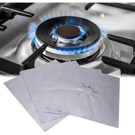 Protège-brûleurs de cuisinière à gaz, double couche, épais, lot de 4, antiadhésifs, réutilisables, découpables, faciles à nettoyer, argentés, dimensions : 27 cm x 27 cm (1/5)