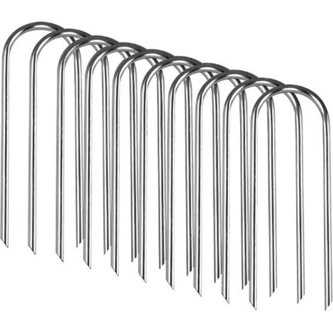Ancrages au sol - 10 pièces - 154cm3mm - Argent - Fer galvanisé - En forme de U - Plat - Tapis anti-mauvaises herbes - Pour fixer le tissu anti-racines, le voile de jardin, la clôture, le gazon artifi (1/5)
